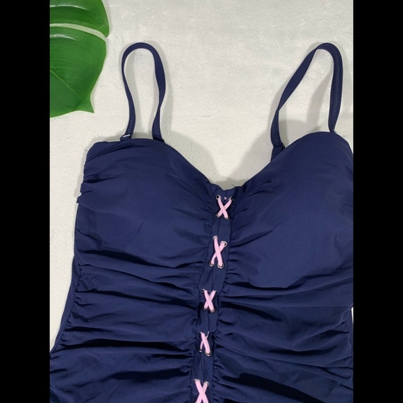 NEW $128 Profile by Gottex Lace-Up Strapless One-Piece Swimsuit Navy [ 10 ]‎ - Picture 4 of 12